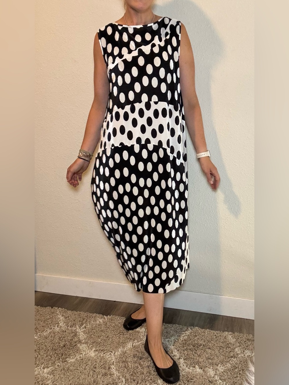 NWT Kozan Pleated Polka Dot Midi Dress Black & Ivory size XL